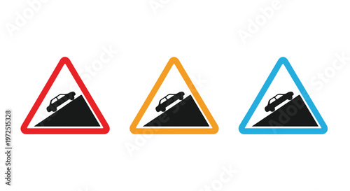 Three different colored traffic warning signs indicating a steep hill or incline with a car symbol