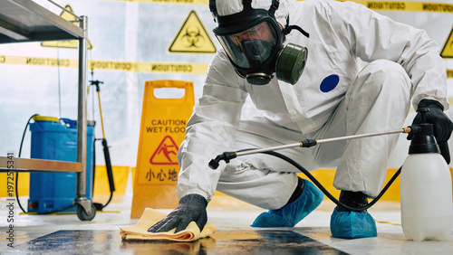 Biohazard Crime Scene Cleanup Technician Sanitizing Floor
