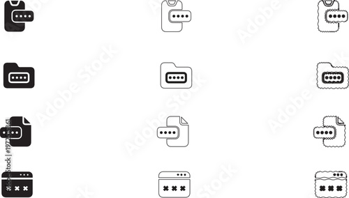 Data protection icon set featuring password protected folder file document smartphone and web browser symbols in outline and solid styles