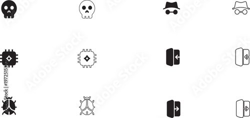 Cyber security and hacking icon set featuring skull incognito hacker chip bug and login symbols in solid and outline styles
