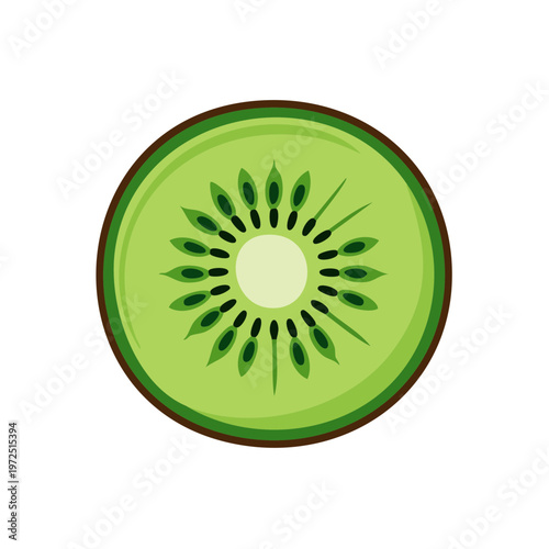 Vibrant slice of fresh kiwi fruit with green flesh and black seeds in a circle