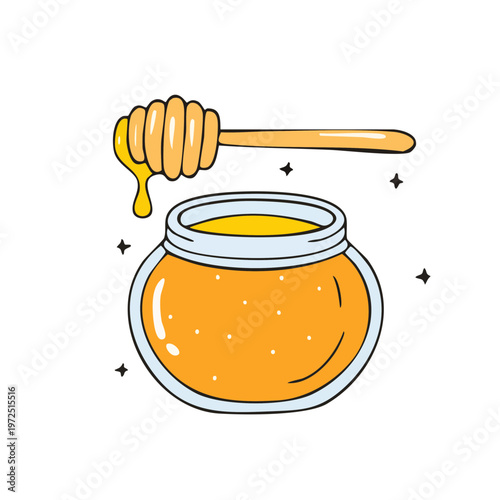 Dripping Honey Dipper Over Jar Sweet Golden Liquid Food Illustration