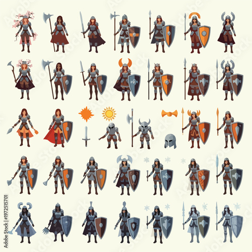 Collection of Fantasy Female Warriors and Knights with Weapons and Armor.