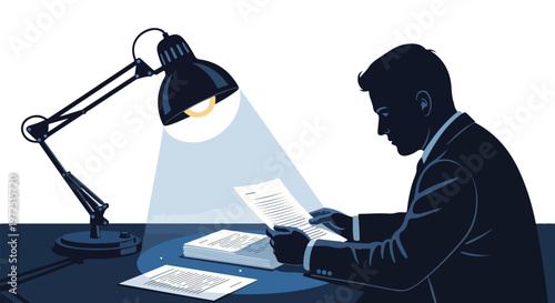 Silhouette of a man in a suit sitting at a desk reading papers under a desk lamp with a white background.
