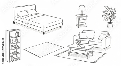 Slika na platnu Bedroom and Living Room Furniture Arrangement Sketch.