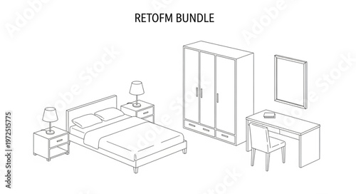 Bedroom Furniture Set - Bed, Nightstands, Wardrobe, Vanity, and Stool.