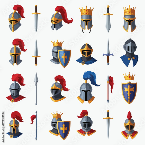 Collection of Medieval Knight Armor Helmets Swords and Shields.