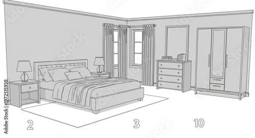 Bedroom interior design sketch with bed, wardrobe, and window.