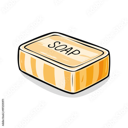 Hand-drawn illustration of a bar of soap with striped texture and "SOAP" text