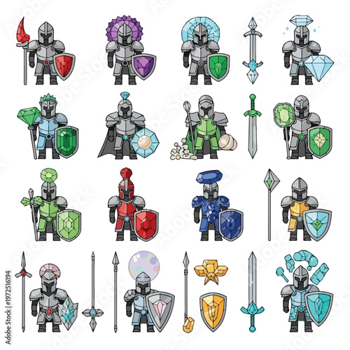 Collection of fantasy game character sprites featuring armored knights with magical weapons and shields.