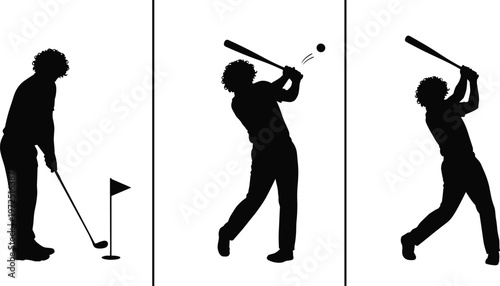 Golf player silhouette set showing putting, swinging and follow through motion sports activity vector illustration isolated