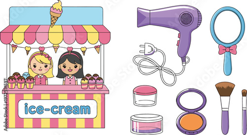 Cute ice cream shop stall with girls and beauty makeup tools hair dryer mirror cosmetics cartoon vector illustration collection