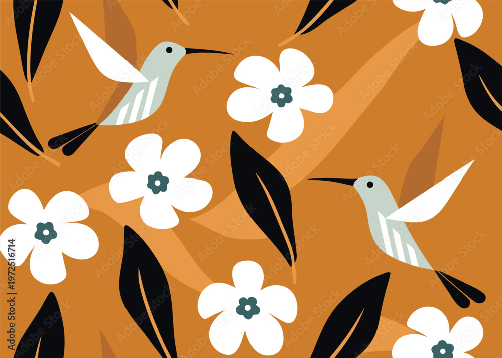 Obraz premium A seamless floral pattern of light grey hummingbirds flying between white flowers and black leaves over a mustard yellow and orange backdrop.