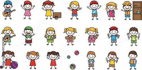 Cute cartoon kids characters collection with different activities, music, sports and playtime children vector illustration set