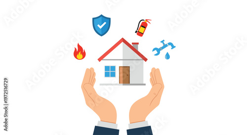 Professional hands in dark suit sleeves carefully cradle a small suburban home surrounded by colorful icons for fire safety and plumbing on white backdrop.