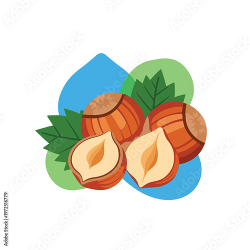 Fresh Hazelnuts with Green Leaves Illustration.