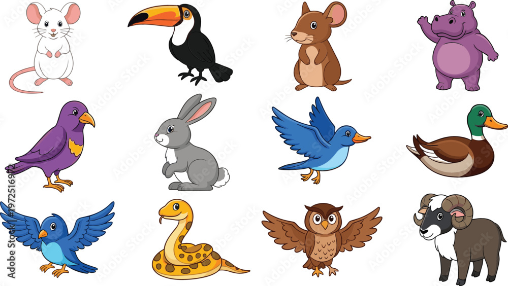Fototapeta premium Cartoon wildlife animals and birds collection with mouse, toucan, rabbit, hippo, duck, owl and snake colorful vector illustration set