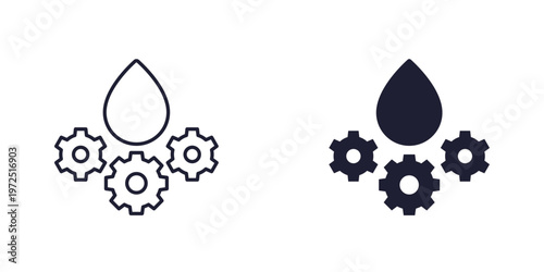 lubricant, oil icons with drop and gears, line and solid design