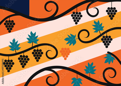 Vector illustration of a seamless pattern with black grape vine scrolls and teal leaves set against a background of diagonal orange stripes.