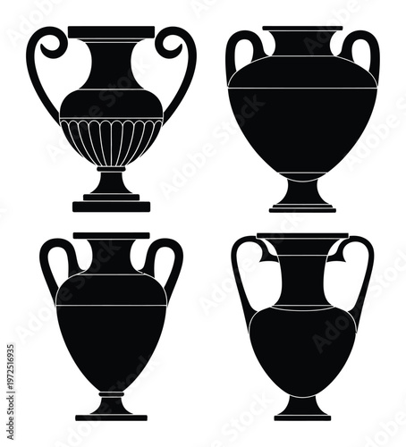 Collection of Four Black Silhouettes of Ancient Greek Amphorae