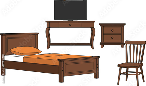 Bedroom furniture collection with wooden bed, chair, bedside table and TV stand interior home cartoon vector illustration set