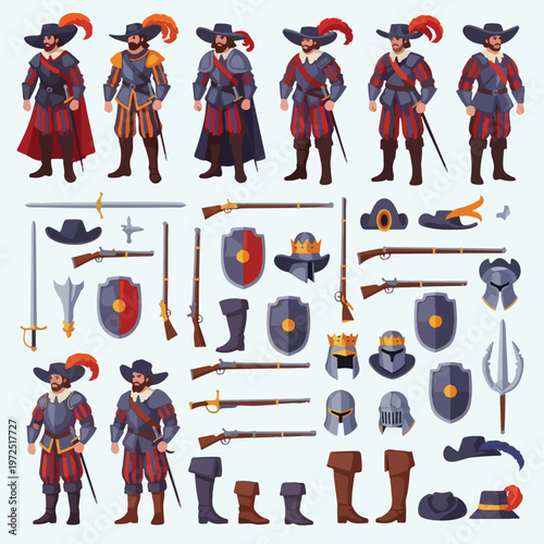 Historical Musketeer Character Design Set with Equipment.