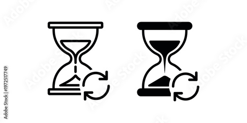 Black and white hourglass with circular arrows sand timer clock cycle in white background