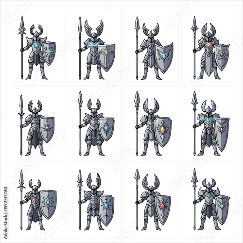 Collection of Twelve Fantasy Medieval Knights with Spears and Shields.