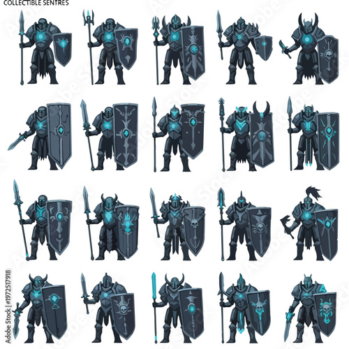 Collection of twenty unique fantasy knight sentries with glowing blue energy cores and detailed heavy armor.
