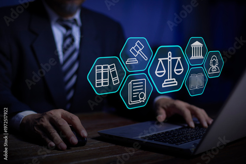 Justice and laws concept. AI ethics or AI law, developing AI codes of ethics. Concept of Internet law design.