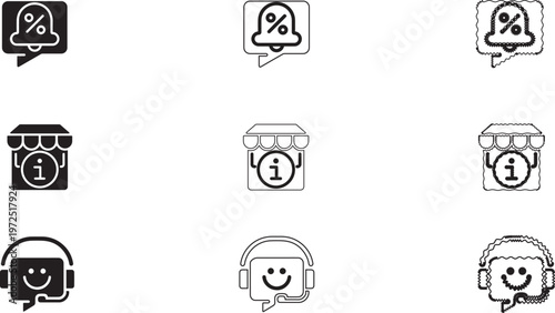 Set of customer service and retail icons featuring support headsets, store information, and discount notification bell symbols.