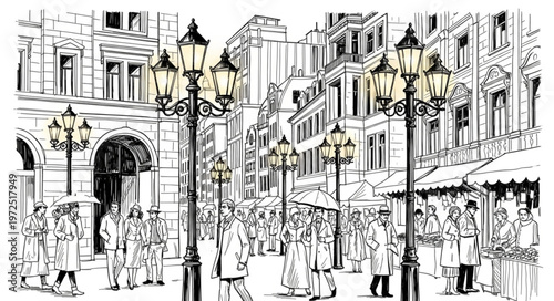 Bustling City Street Scene with Pedestrians and Vintage Lampposts.