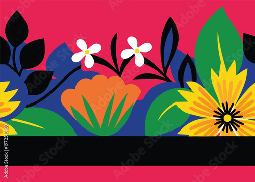 A vibrant tropical floral border features yellow and orange flowers with green and black foliage set against a bright pink background and black bar.