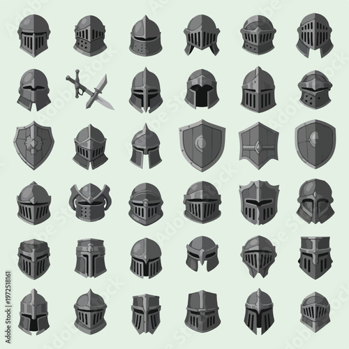 Collection of medieval knight helmets.