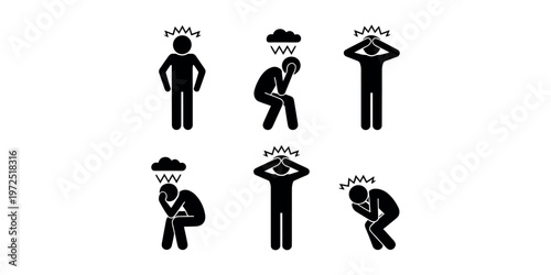 Black and white stick figures depicting stress and negative emotions silhouette anxiety in white background