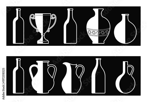 Collection of white silhouette bottles, vases, and trophy on black background