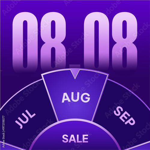Purple promotional banner for an August eighth sale with a month selector wheel