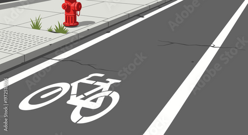 Empty urban bicycle lane with a white bike symbol painted on asphalt, alongside a sidewalk and a red fire hydrant, depicting city infrastructure.
