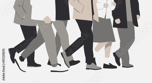 Diverse group of business people walking together, moving forward in a professional setting on a very light grey background.