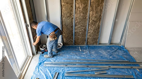 Professional Construction Worker Installing Mineral Wool Insulation in Metal Stud Wall Frame for Energy Efficient Home Renovation Project