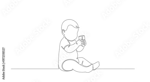 Adorable baby sitting and holding a small toy with focused attention, depicted in continuous line art on an isolated white background.