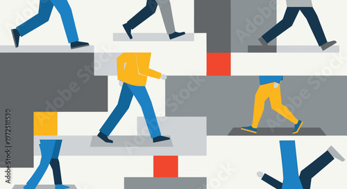 Tablou pe pânză Dynamic illustration of people's legs walking on a modern abstract geometric background, representing urban movement and activity