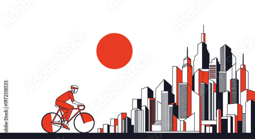 Person riding a bicycle on a city street with a modern cityscape and a large red sun in the background, promoting urban lifestyle and sustainability.
