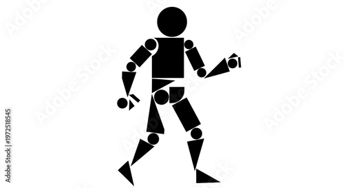 Dynamic black robot figure walking with a dumbbell, representing movement and strength on an isolated white background.