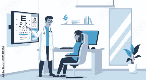Male doctor consulting with a female patient in a bright medical office with an eye chart, discussing healthcare and wellness.