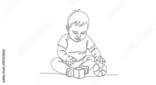 Cute baby playing with a toy block and ball, sitting happily on an isolated white background, continuous line art.