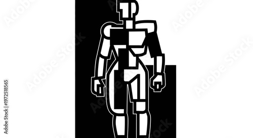 Abstract geometric human figure, robot or automaton, split black and white, artificial intelligence concept.