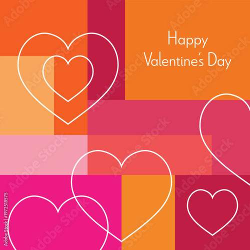 Happy Valentine’s Day - Schriftzug in englischer Sprache - Frohen Valentinstag. Quadratische Grußkarte mit Herzen auf einem Color-Blocking-Hintergrund in Pink- und Orangetönen.