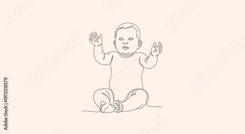 Line art drawing of a happy baby sitting with raised hands, on a light peach isolated background, innocent joy.