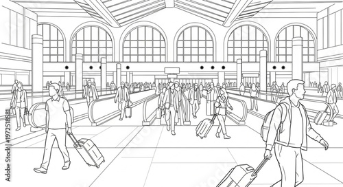 Busy Train Station Scene with People and Luggage.